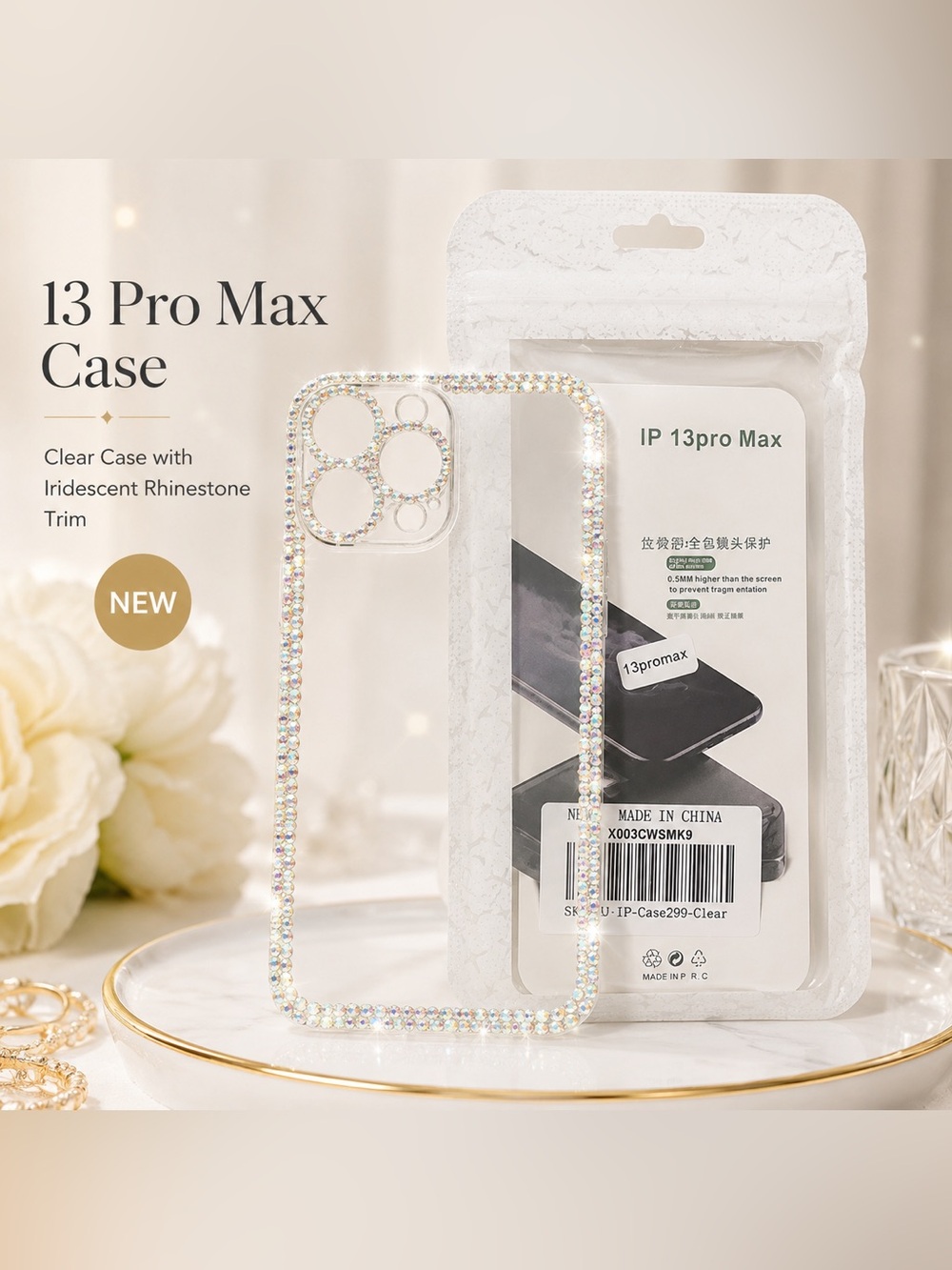 Clear Rhinestone iPhone 13 Pro Max Case - Sparkling Crystal Trim